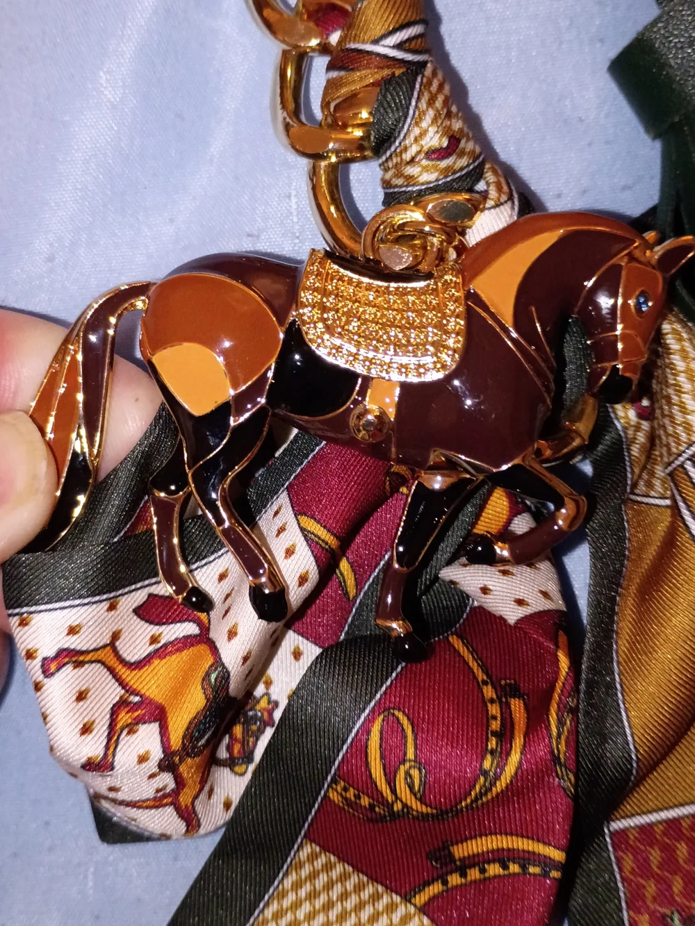 Gold Equestrian Horse Charm Keychain with Green Tassel and Multicolor Scarf